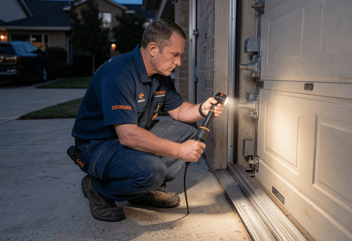 Technician carrying out an emergency garage door repair in the evening