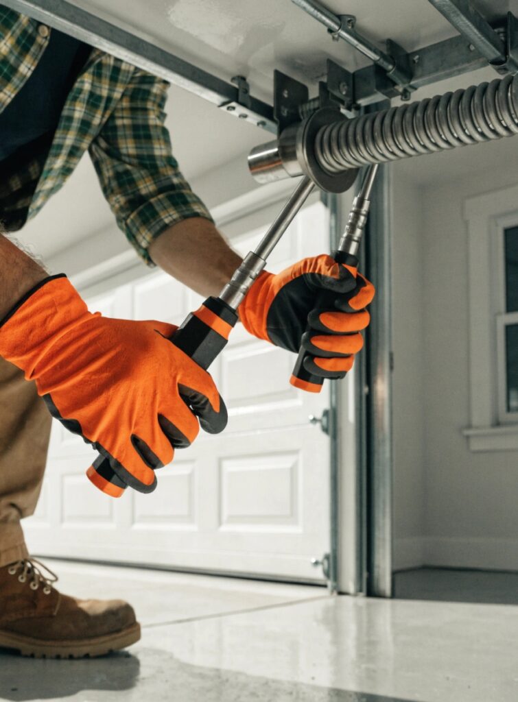 Professional technician replacing a garage door torsion spring using correct winding tools