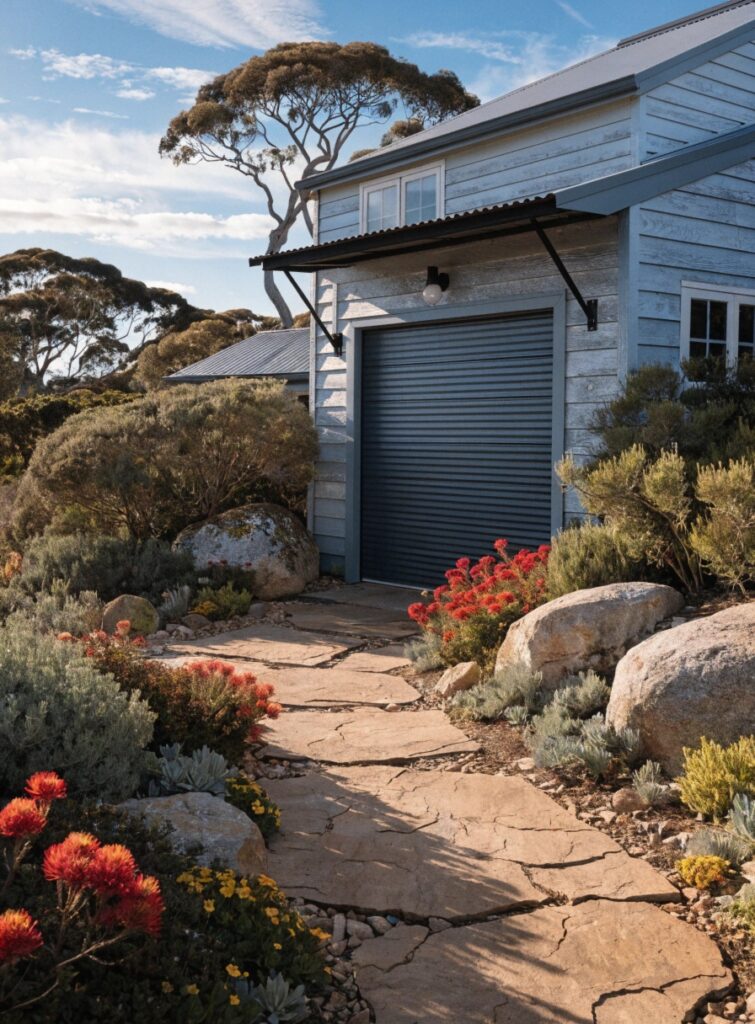Colorbond roller garage door on a coastal home near the water on the Central Coast NSW