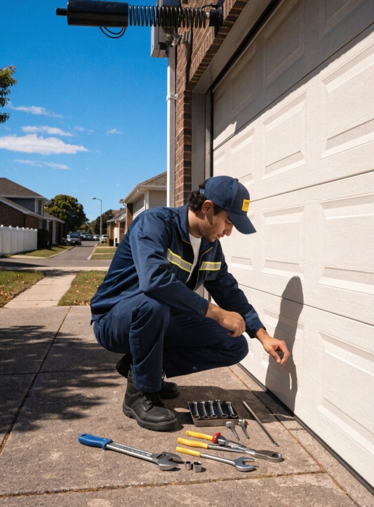 Garage door spring inspection during emergency repair callout on the Central Coast