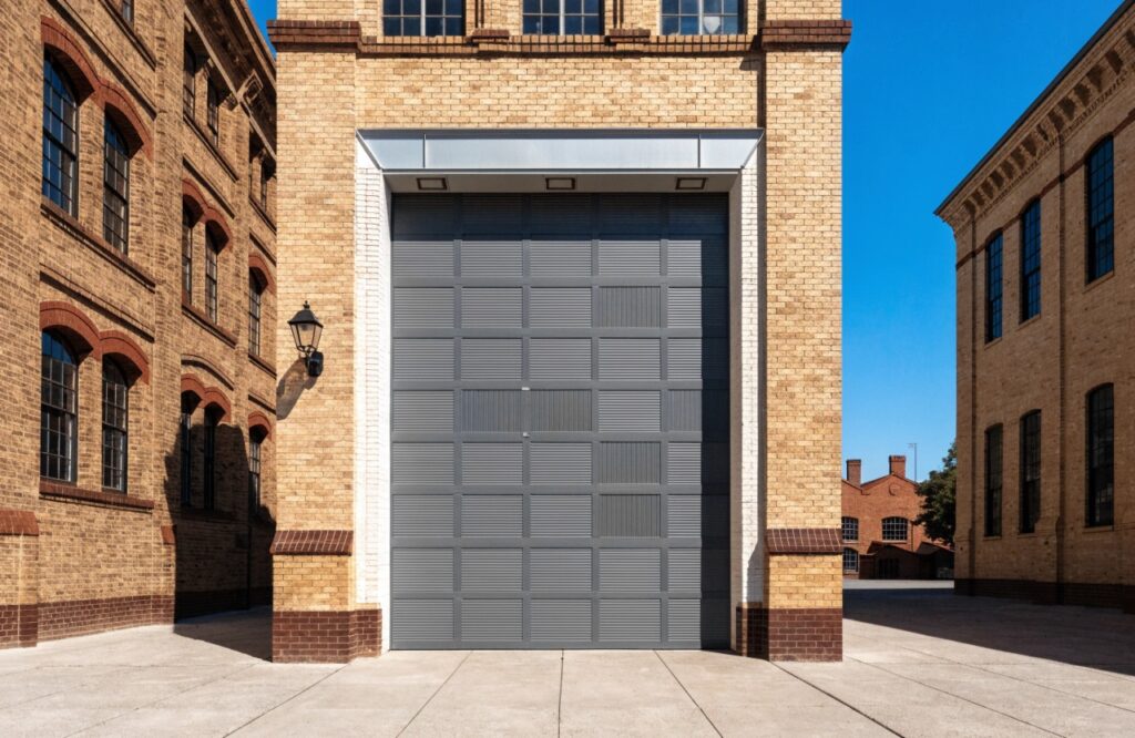 Commercial steel roller garage door installed on a warehouse in the Central Coast NSW industrial precinct