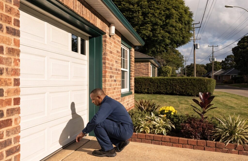 Garage door technician inspecting a sectional garage door at a Central Coast home