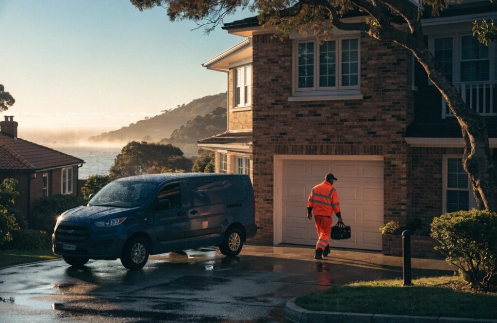Emergency garage door technician arriving at a Central Coast home for same-day repair