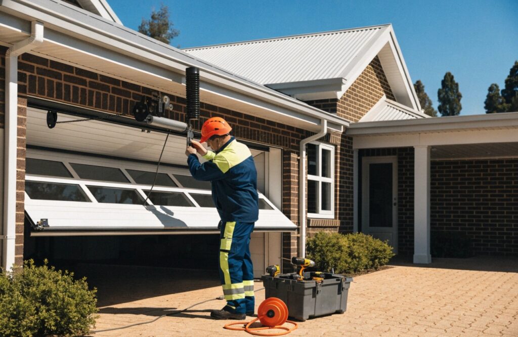 Garage door technician servicing a residential door on the Central Coast