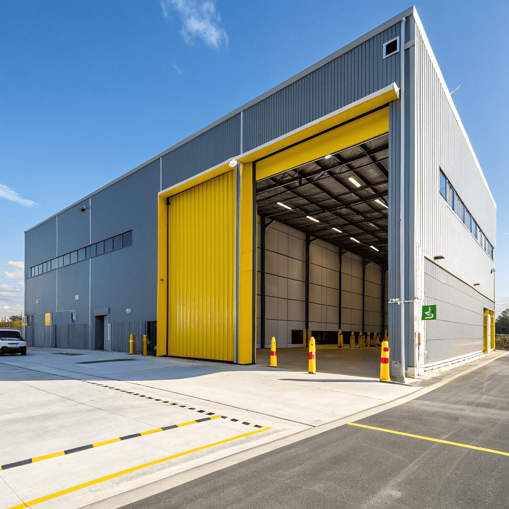 Exterior of a large modern warehouse loading dock with a commercial garage door