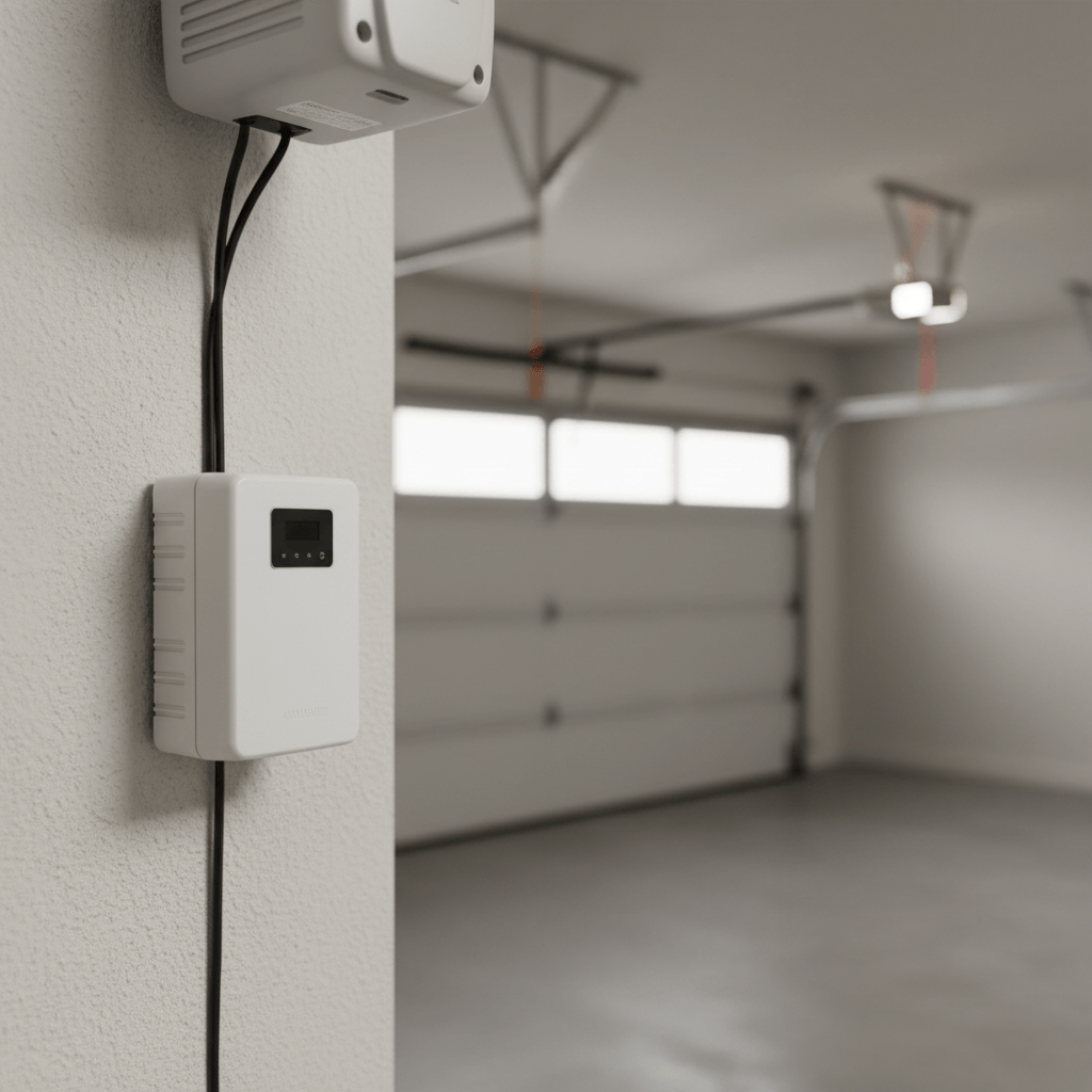 Technician fitting a battery backup unit to a smart garage door opener