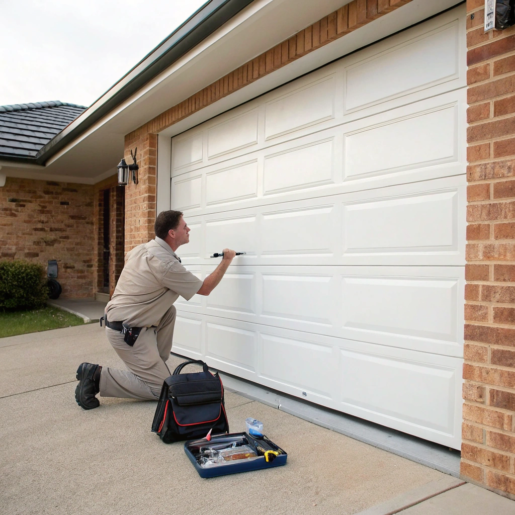 Professional garage door technician servicing a residential sectional door on a Central Coast property