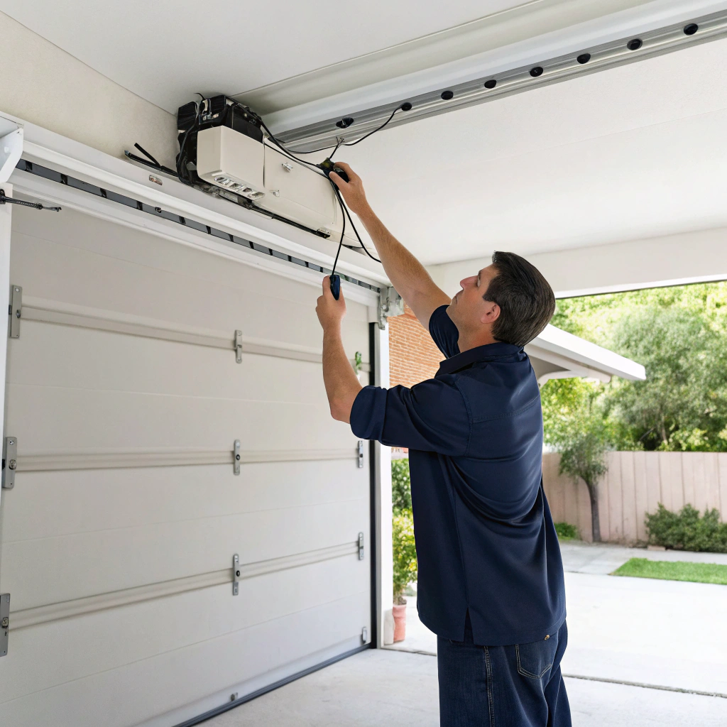 Technician installing a garage door opener motor on a residential home on the Central Coast