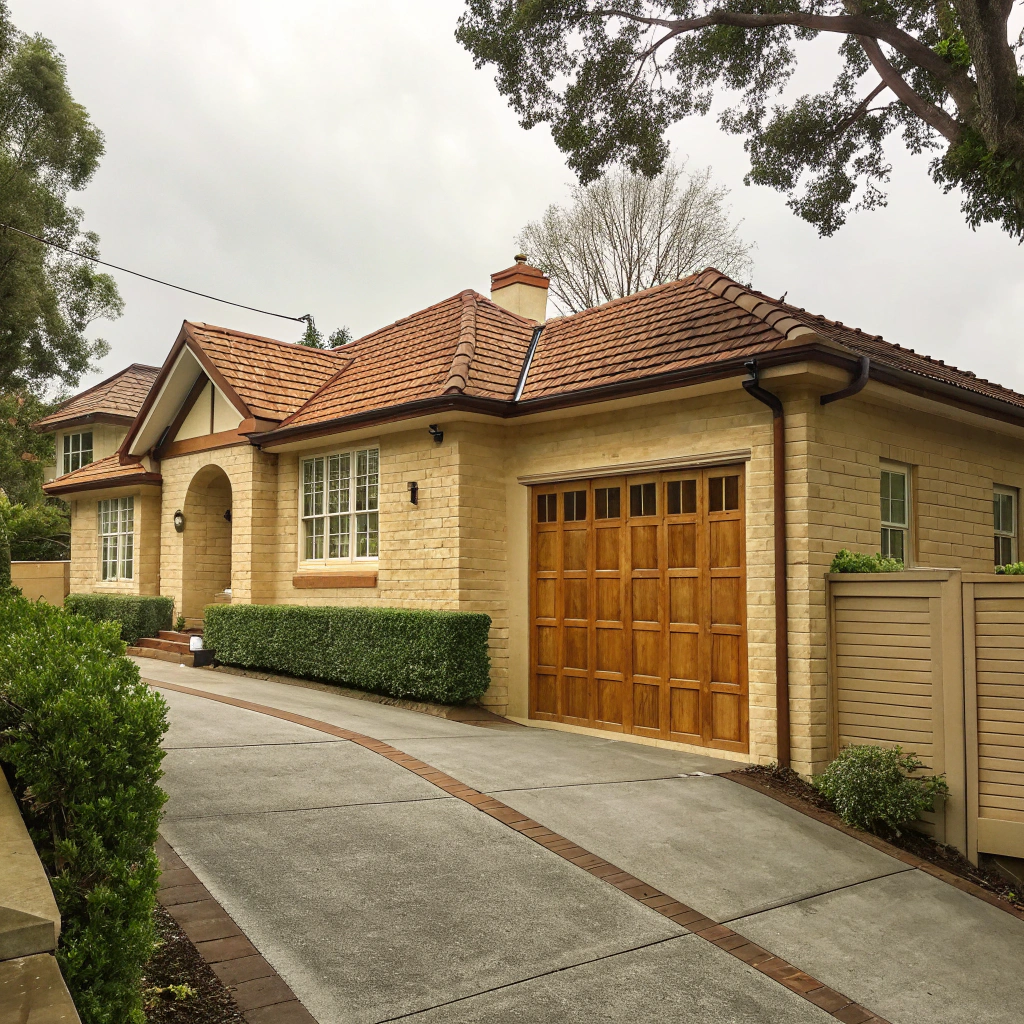 Custom timber-look garage door fitted to a heritage cottage in Gosford NSW