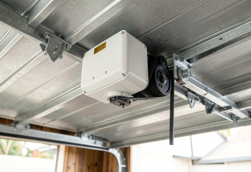 residential garage door motor unit mounted to the ceiling of a clean Australian garage