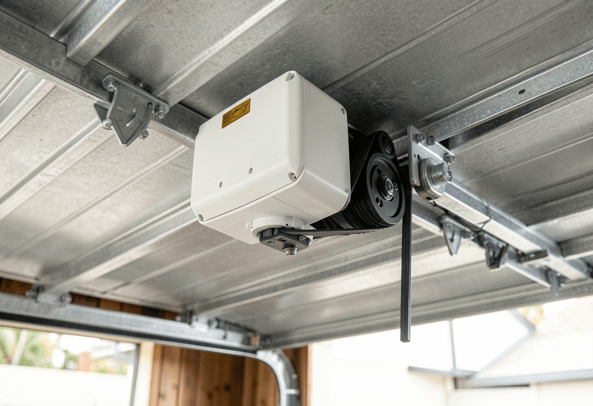 Residential garage door motor unit mounted to the ceiling of a clean Australian garage