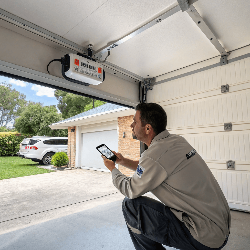 Technician checking a smart garage door opener install using a phone app