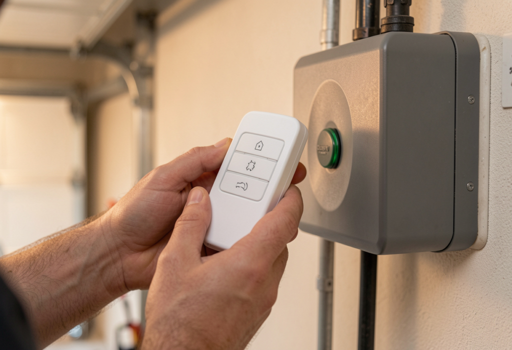 technician's hands holding a modern white garage door remote programming control