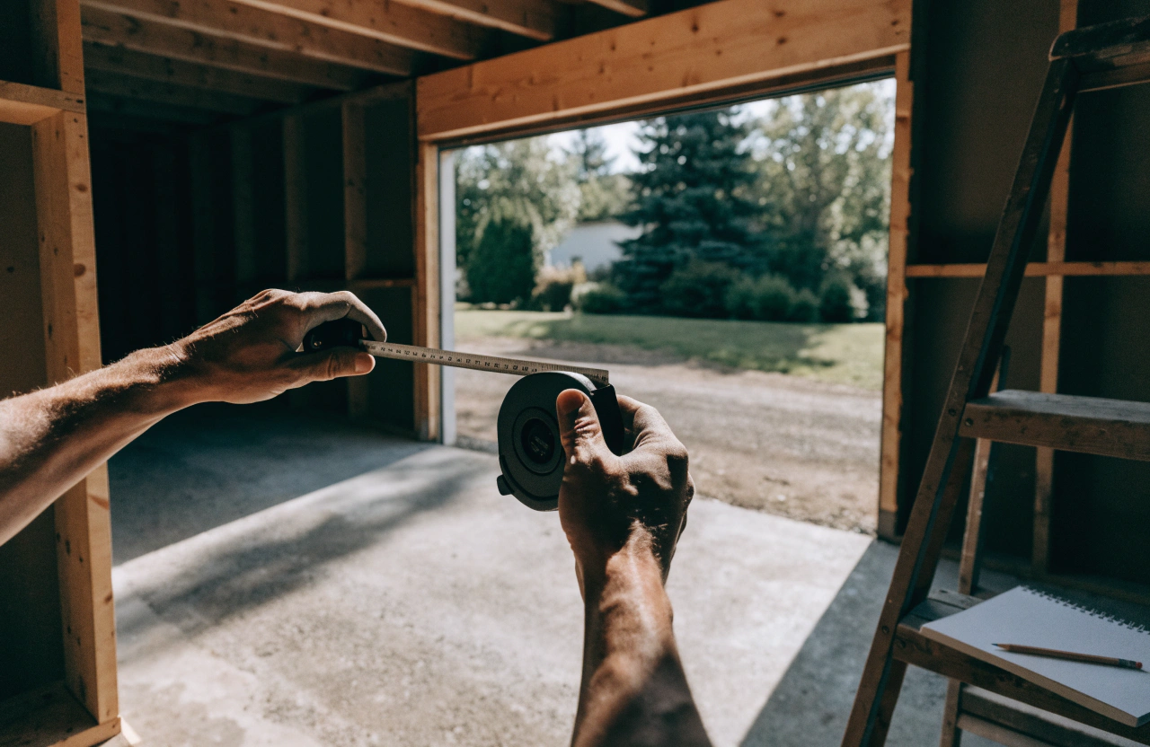 Tradesperson measuring clearance across a low-headroom garage opening