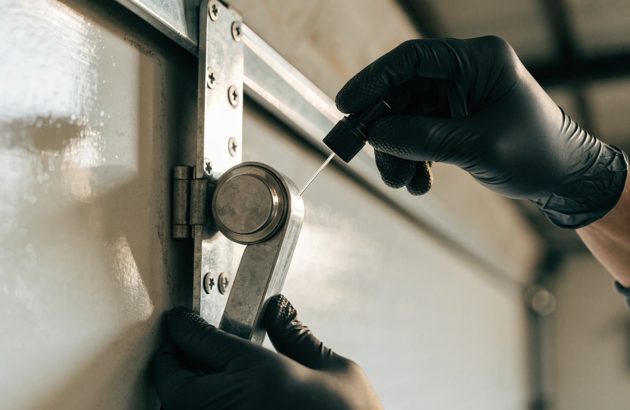 Technician lubricating a garage door roller bracket during servicing