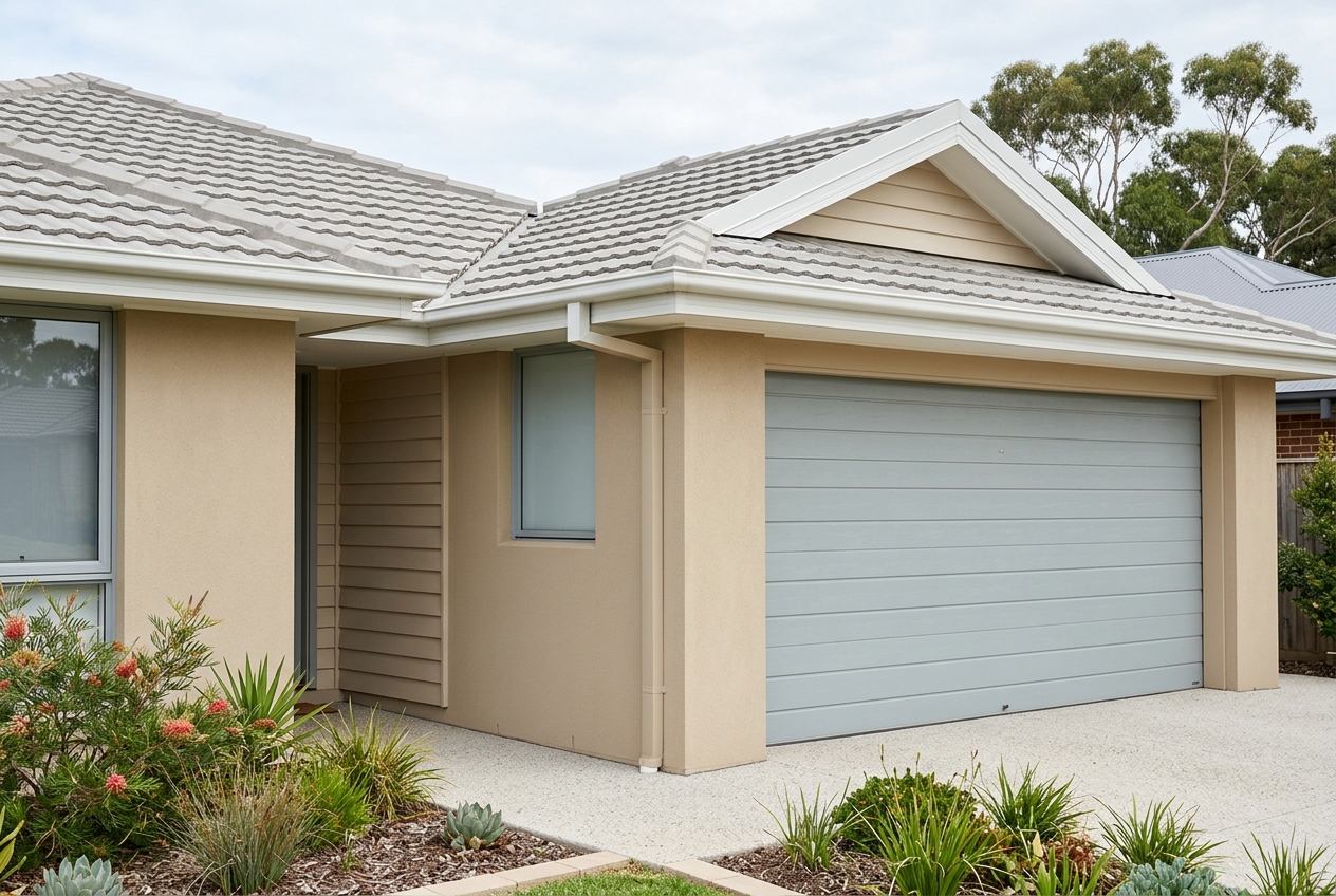 Corner view of a coastal home with a Colorbond garage door matched to the roof and trim