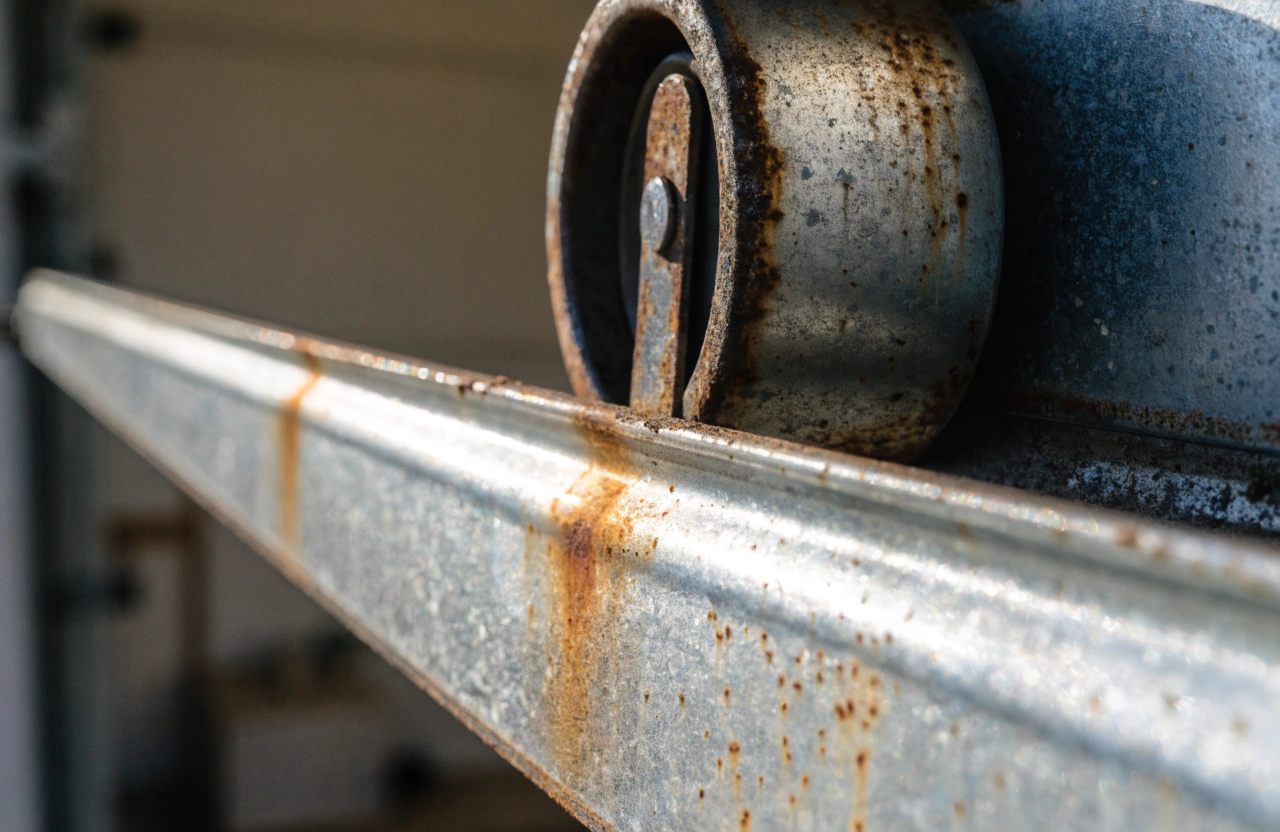 Extreme close-up of a rusted garage door roller and track