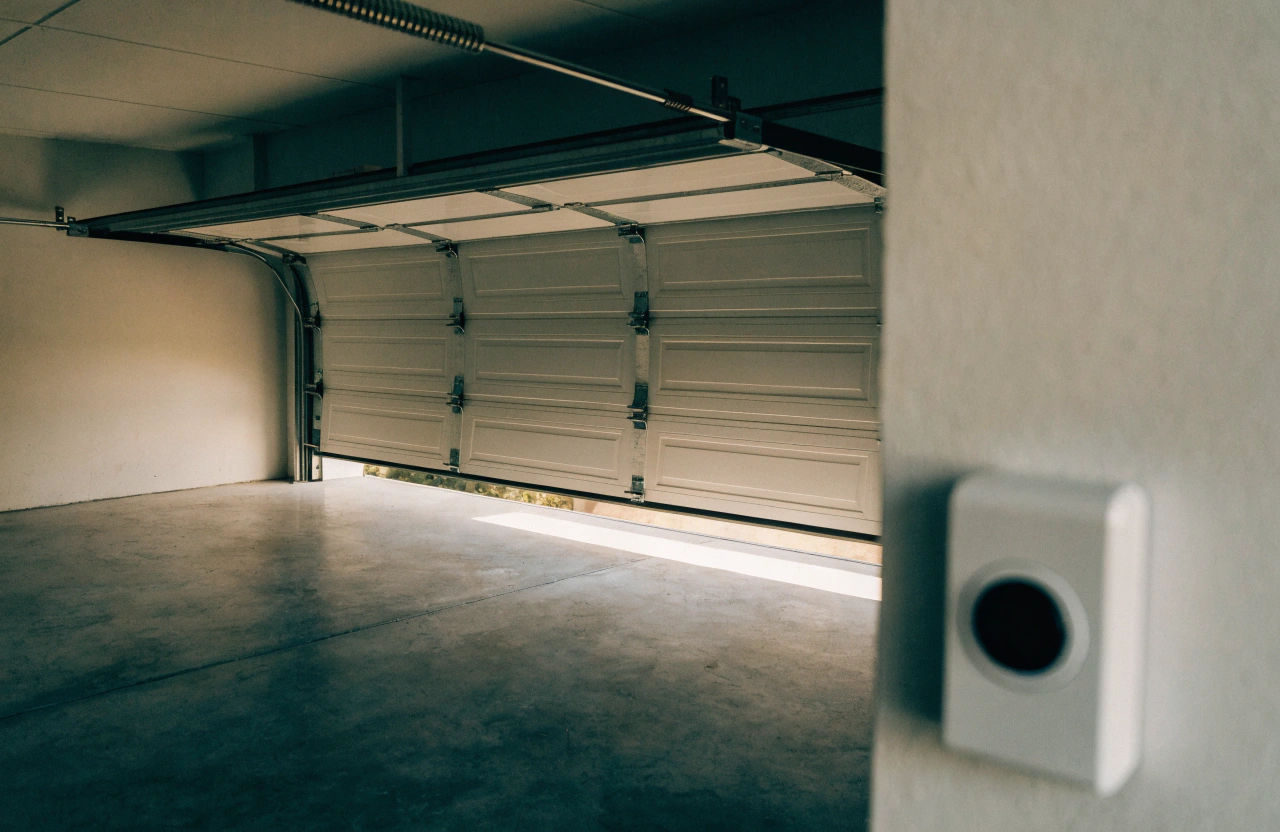 Interior view of a residential garage with the sectional door and wall control button