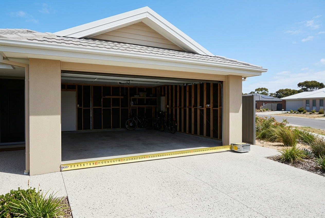 Tape measure laid across an open double garage on a coastal street