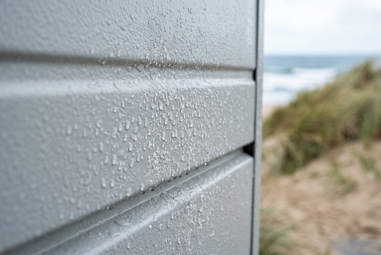 Close-up of a Colorbond garage door panel with sea spray, ocean visible behind