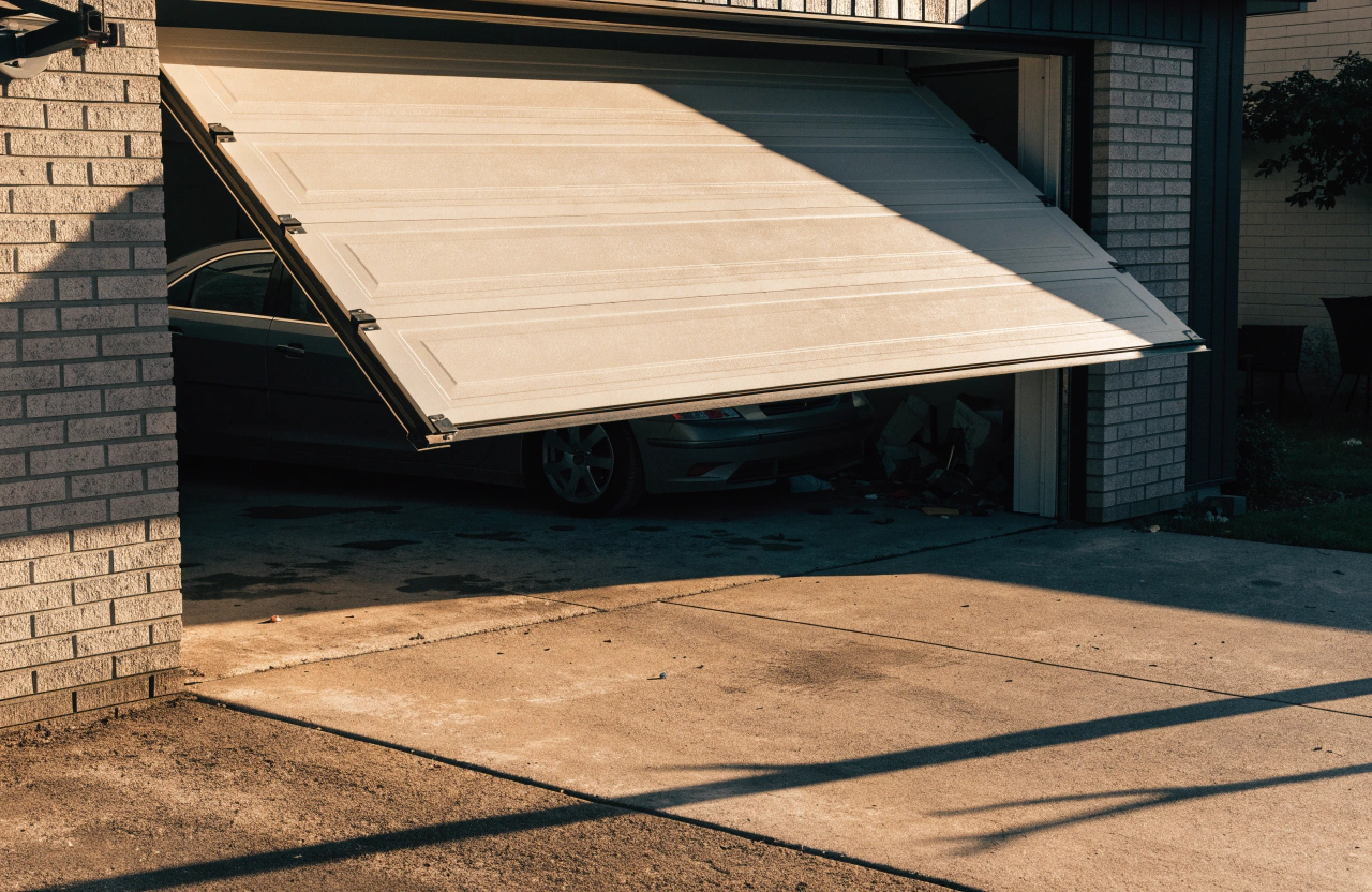 Residential garage door hanging off-track