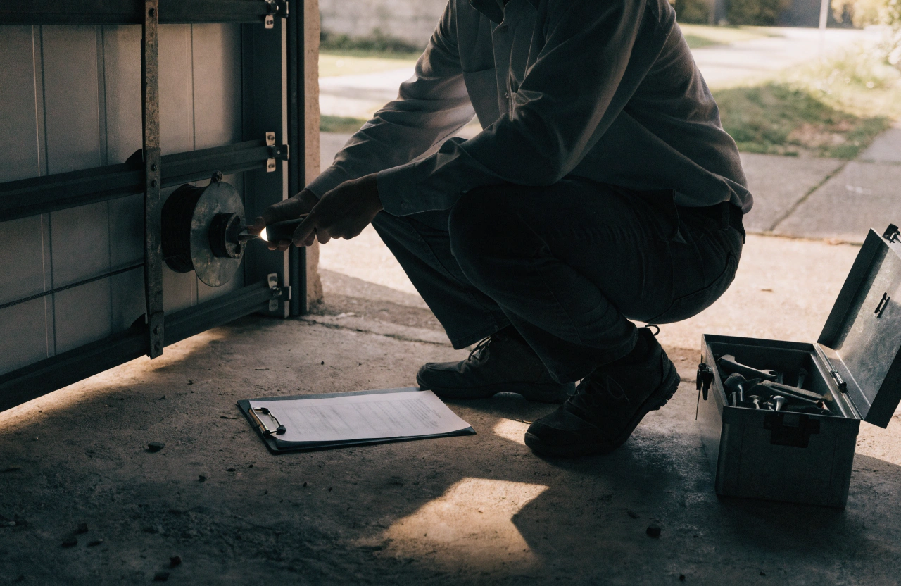 Technician inspecting a garage door spring with a checklist on site