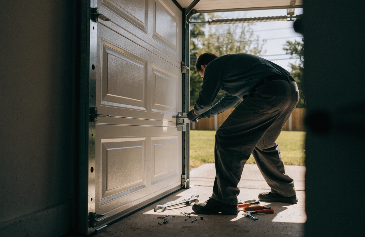 Technician repairing a residential garage door panel and hardware