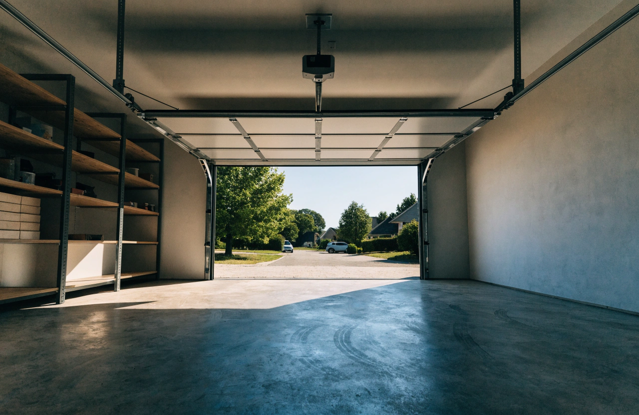 Clean residential garage interior with the motorised door open to the street