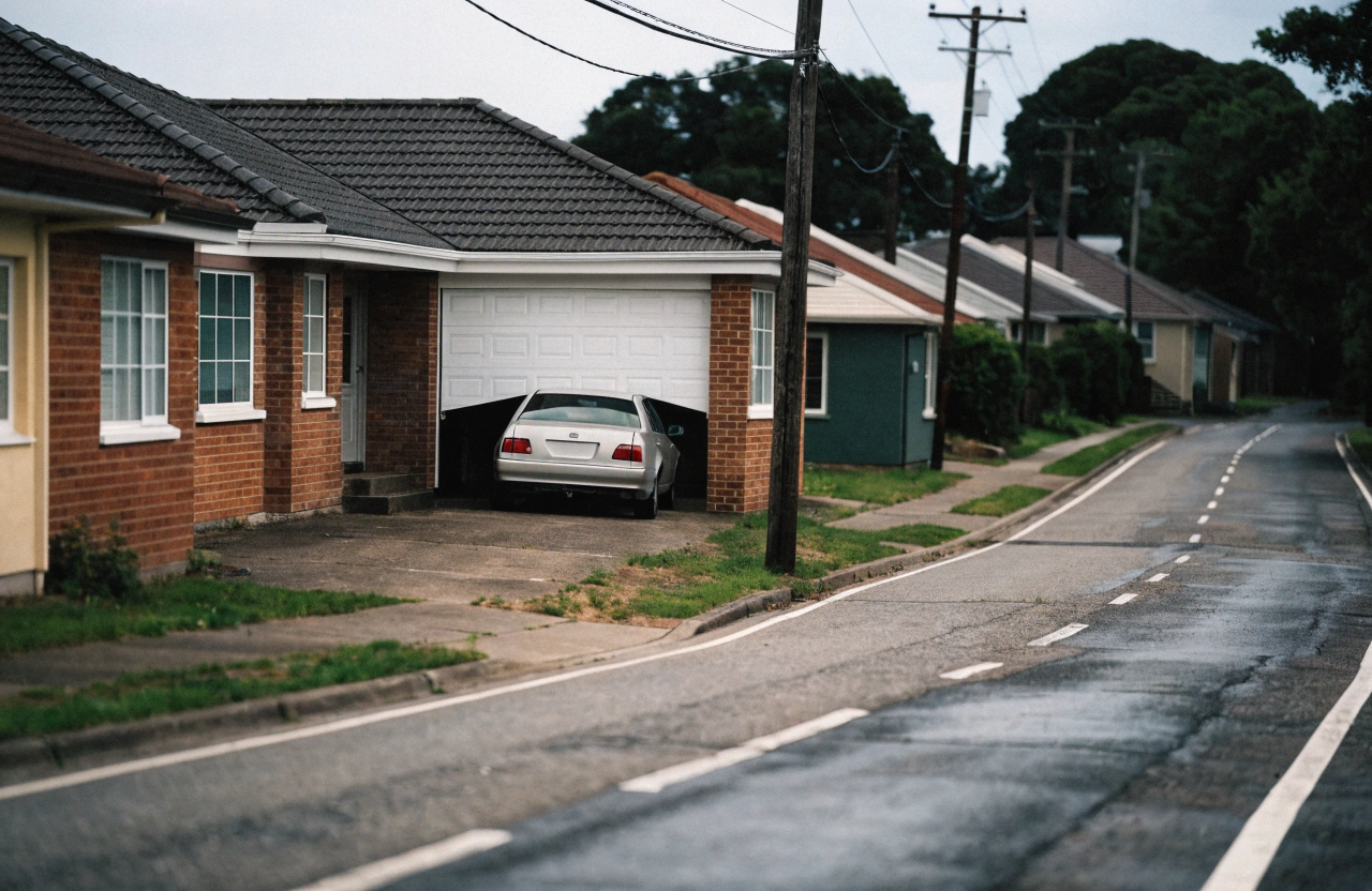 Car left stuck half inside a residential garage with a door that will not close