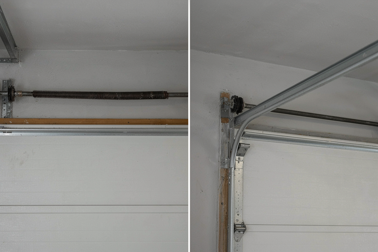 Side-by-side close-up of a garage door torsion spring mounted above the opening