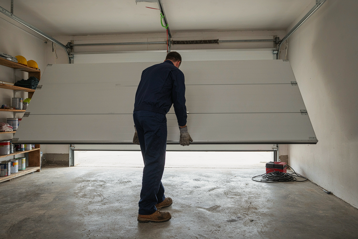 Technician removing a garage door panel during a spring replacement visit