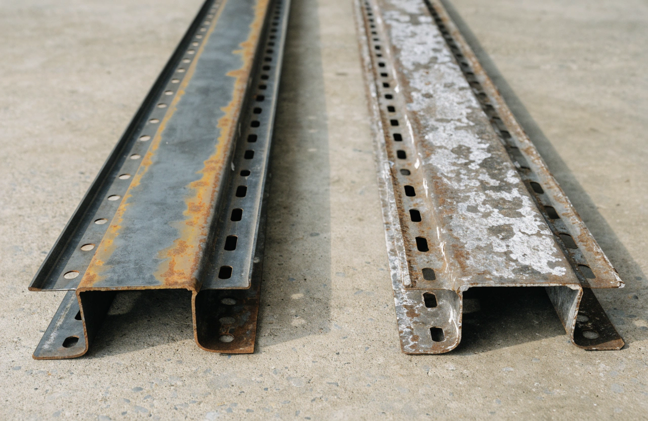 Two sections of garage door track side by side showing different stages of rust
