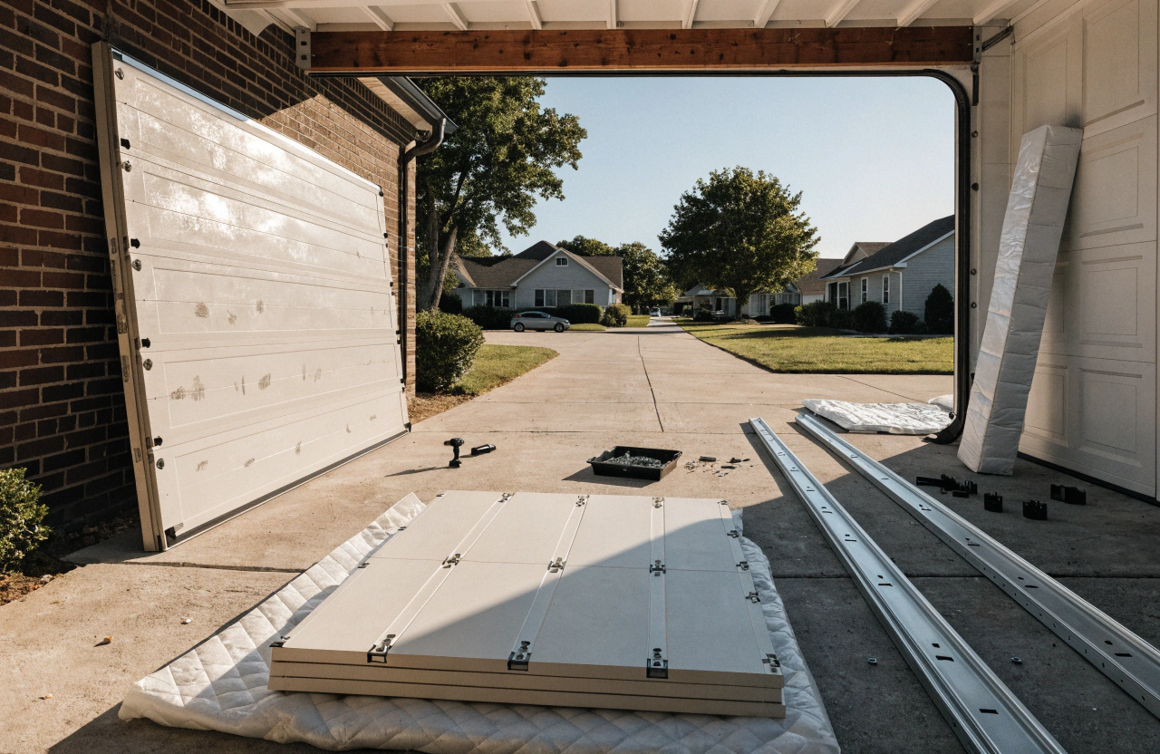 New garage door panels, tracks and hardware laid out mid-installation